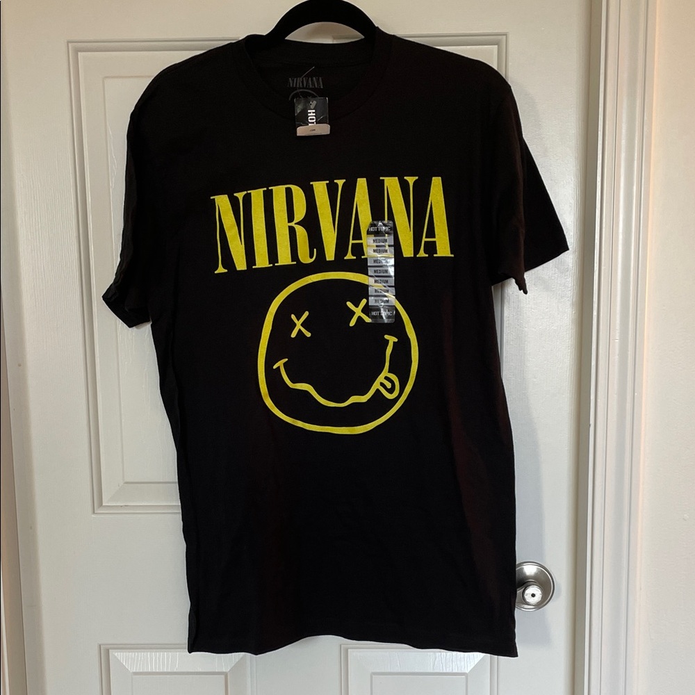 Hot Topic Black Nirvana Tee with Yellow Smiley